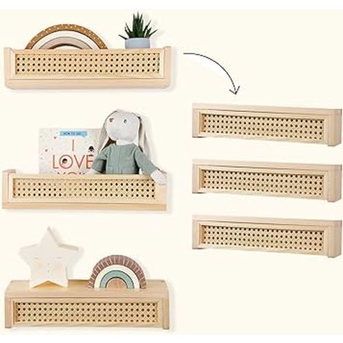 Rattan Floating Shelf 16 Inch, Set of 3, Nursery Shelves for Wall Decor in Boho Style, Wall Shelf for Kids, Baby Bookcase for Nursery, Floating Book Shelves for Playroom, Wicker Wall Shelf