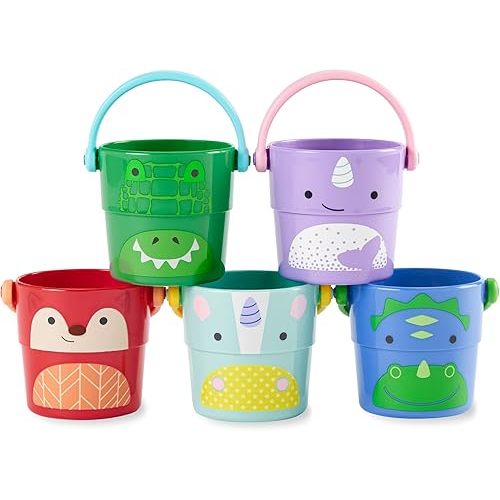 Skip Hop Baby Bath Toy Buckets, Zoo Stack & Pour Buckets, Pastel
