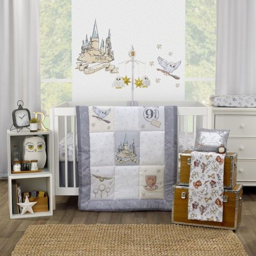 Warner Brothers Harry Potter Magical Moments Grey and White Hogwarts 3 Piece Nursery Crib Bedding Set - Comforter, Fitted Crib Sheet and Crib Skirt