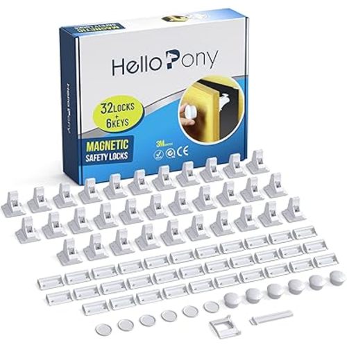 Upgraded Magnetic Cabinet Locks (32Locks and 6 Keys) Baby Proofing Magnetic Safety Locks with 3M Adhesive, One Minute Fast, Easy and No Drill Installation