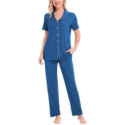 SWOMOG Women Pajama Sets Two-Piece Nightwear Short Sleeve Sleepwear Button Down Pj Lounge Sets with Long Pants