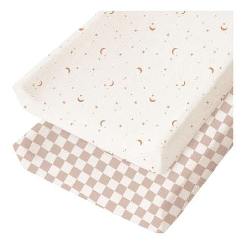 Konssy Muslin Changing Pad Cover for Baby Girls Boys, 100% Cotton Fitted Diaper Chang Table Covers, Soft Breathable Changing Pad Sheets, 2 Pack (Coffee Check,Moon)