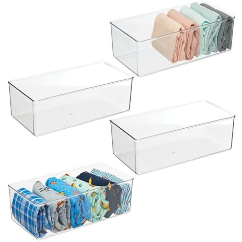 mDesign Long Plastic Drawer Organizer Box, Storage Organizer Bin Container; for Closets, Bedrooms, Use for Leggings, Socks, Ties, Jewelry, Accessories - Lumiere Collection - 4 Pack - Clear - 12 x 6 x 4