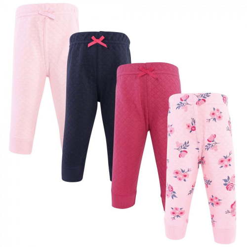 Hudson Baby Infant and Toddler Girl Quilted Jogger Pants 4pk, Pink Navy Floral, 0-3 Months