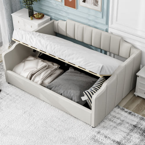 Euroco Upholstered Full Size Daybed, Lift up Storage Bed for Kids, White