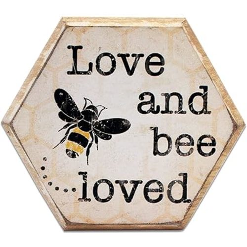 Rustic Bee Wood Hexagon Box Sign for Wall & Tabletop - Love and Bee-loved -6.4 x 5.5 in(BEE LOVED)