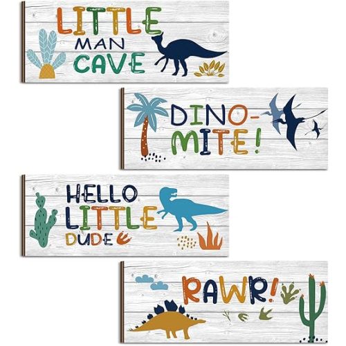 4 Pcs Dinosaur Room Bedroom Decor Boys Dinosaur Wall Decor, Motivational Quote Wood Dinosaur Decorations Hanging Sign Prints Plaques for Boy Kids Nursery Playroom (Simple Style)