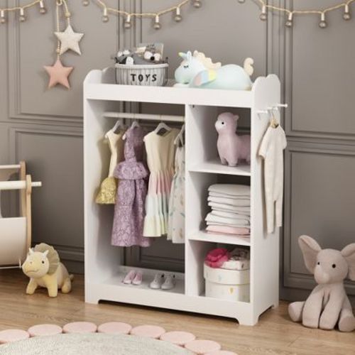 Racxily Kids Dress Up Storage with Mirror and Hooks, Wooden Dress Up Clothes Rack with Hanging Rod, 3 Side Hooks, Storage Shelves and Top Shelf