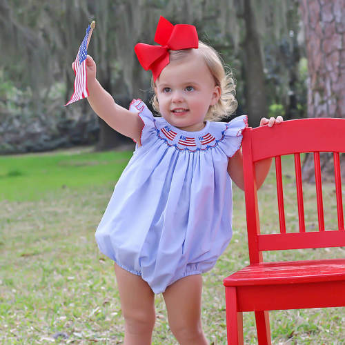 Light Blue Gingham Flag Smocked Bubble