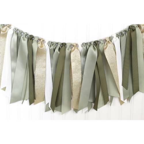 Sage, Olive Green, Off White and Gold Ribbon Garland | Gender Neutral Baby Shower | Woodland First Birthday Decoration