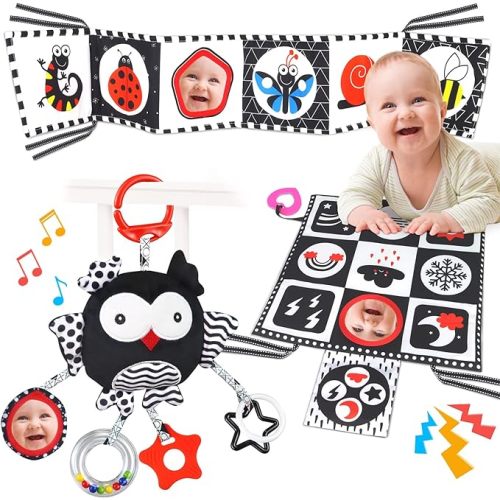 Black and White High Contrast Baby Toys 0-6 Months with Mirror, Crinkle and Rattles, Soft Baby Toys for Brain Development Montessori Sensory Tummy Time Toys Newborn Infant Toys for 0 3 6 9 Months Old - S2(BABY MIRROR)