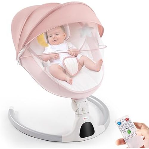 Jaoul Baby Swing for Infants - Electric Portable Newborn Bouncer With Bluetooth Touch Screen/Remote Control, Timing Function, 5 Speeds, 3 Seat Positions for Boys and Girls (Pink)