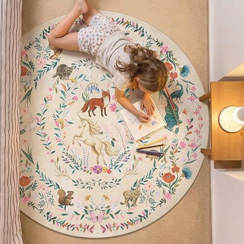 jinchan 5ft Round Kids Rug Washable Whimsical Nursery Playroom Rug, Cream
