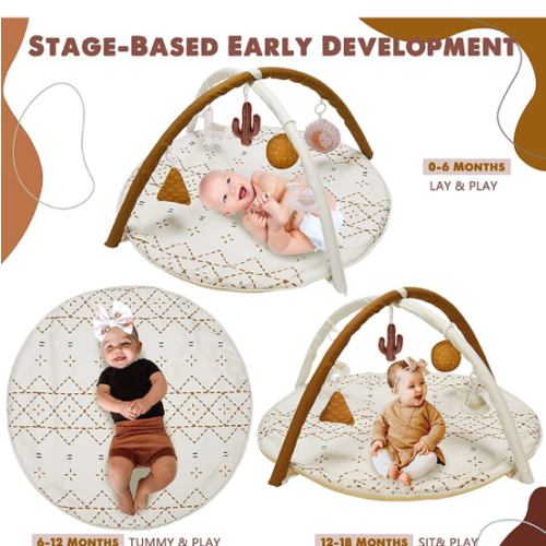 Tapis de jeu pour bébé, macramé, gymnastique, développement sensoriel et motrice, découverte du langage, tapis de jeu pour nouveau-né avec 6 jouets en vedette, tapis épais et antidérapant