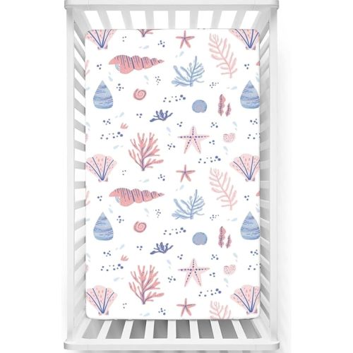 Coastal Themed Fitted Crib Sheet,Standard Crib Mattress Fitted Sheet Toddler Bed Mattress Sheets - Baby Crib Sheets for Girl or Boy,28“ x52“,White Blush and Ceil Blue