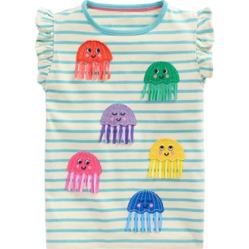 Kids' Stripe Jellyfish Appliqué Flutter Sleeve Cotton Graphic T-Shirt, 3-4Y