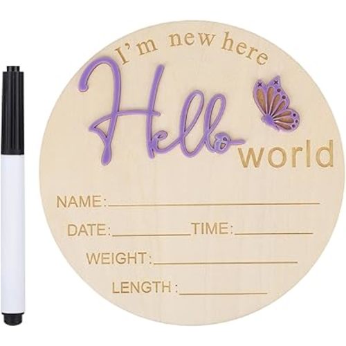 Wooden Baby Announcement Sign, 5.91in Hello World Newborn Name Board Welcome New Birth Plaque for Hospital Nursery Gender Reveal