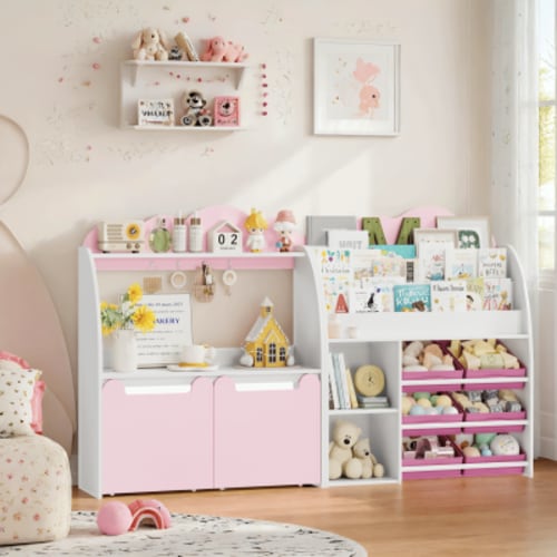 Hiphuta 65in Wide Kids Bookcase with 6 Bins & 2 Removable Drawers, Combo Bookshelf with Toy Storage, Pink