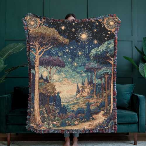 Enchanted Forest Woven Throw Blanket, 100% Cotton Magical Woodland Throw, Whimsical Nature Tapestry, Fairy Tale Decor