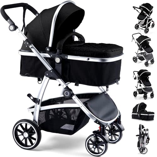 Hagaday Baby Stroller, 2-in-1 Reversible Toddler seat with Bassinet Mode, Foldable Infant Stroller with Canopy, One Button Brake, Adjustable Handle, Newborn Pushchair(Black)