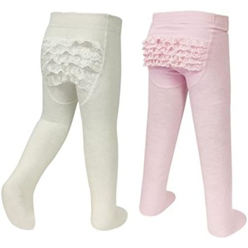 Bowbear 2-Pair Little Girl Ruffle Bottom Cotton Tights (Pink & Ivory)