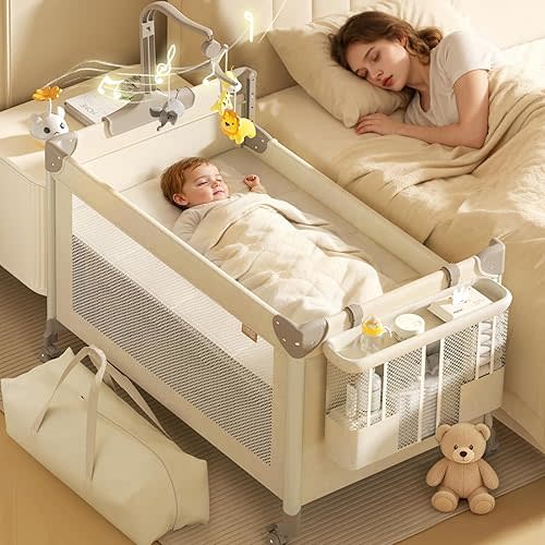 Trimigo 4-in-1 Baby Playard, Pack and Play: 4-Level Height-Adjustable Bedside Bassinet, One-Touch Foldable Travel Crib with Changing Table, Music Mobile & 4 Locking Wheels for Newborn to Toddler