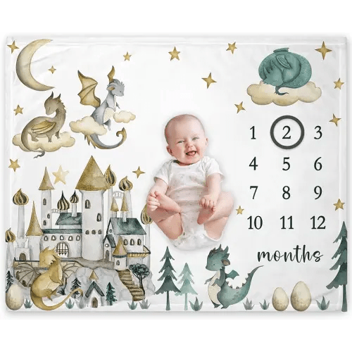 Yuzioey Dragon Milestone Blanket, Dragon Fairy Tale Baby Growth Chart Monthly Blanket, Watch Me Grow Dragon Baby Nursery for New Moms Baby Shower(50"x40")