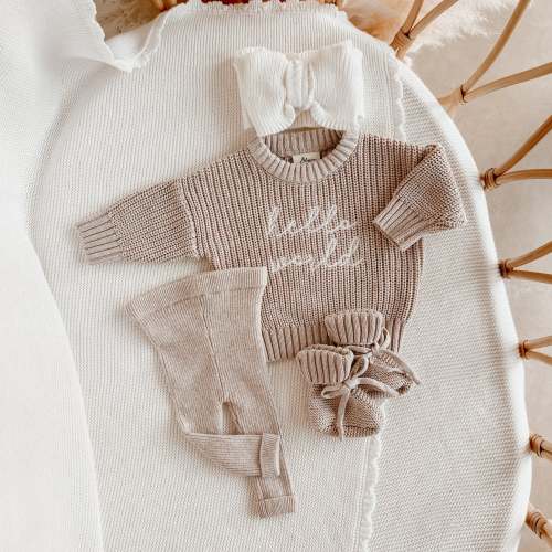 'Hello World' Sweater/Leggings/Topknot Bundle - Fawn