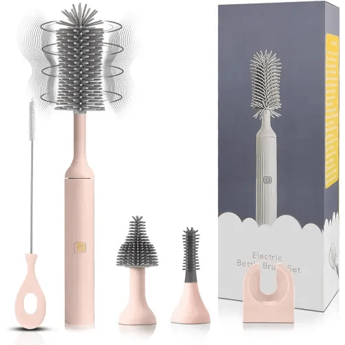 Electric Cleaning Brush with USB Rechargeable Electric Bottle Brush Cleaner and 3 Replaceable Silicone Bottle Brushes and Straw Cleaner Brush,Perfect Baby Gifts and Kitchen Brushes(Pink)