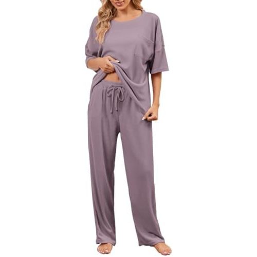 JiniGolla Womens Pajama Sets Waffle Knit Short Sleeve Shirt with Long Pajama Pants Soft Sleepwear Pj Lounge Sets