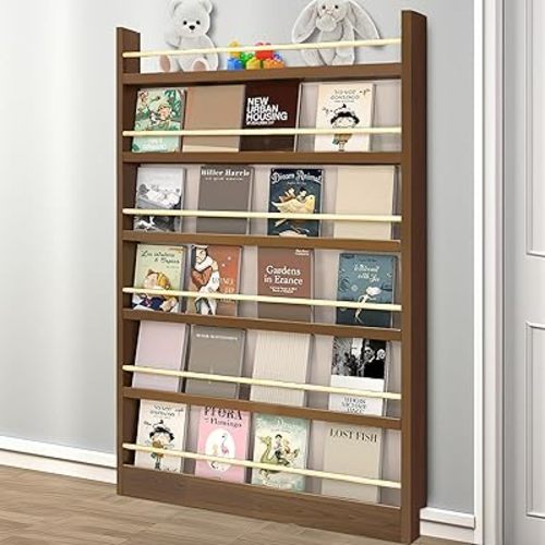 Bookshelf Behind the Door Storage, 6 Tier Narrow Thin Wooden Book Shelf for Kids Rooms, Space-Saving Wall Mounted Toys Books Organizer for Bedroom, Living Room, Office(23.6x70.1x3.9in,Walnut color)