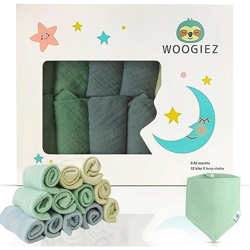 Muslin Baby Bibs 12 PACK — Muslin Bibs; 100% Cotton Bandana Bibs; Boys, Girls — Newborn Bibs for Teething & Drooling