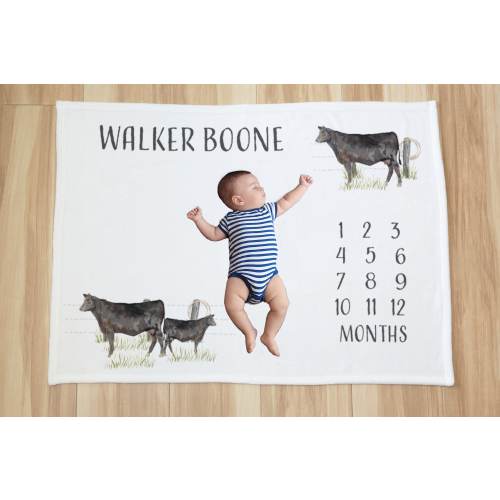 Customized Angus Cow Milestone Blanket With Name Personalization, Personalized Baby Angus Cattle Age Blanket Gift Idea For Cow Lover Baby