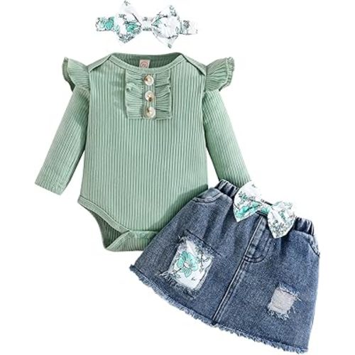 Newborn Baby Girl Clothes Infant Outfits Ruffle Romper + Denim Skirt + Headband Girls' Clothing Sets