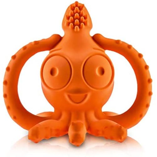 Natural Rubber Baby Teether Toothbrush - Sqwiddle The Squid - Without Holes BPA Free Teething Toothbrush Toy, All Natural, Textured for Sensory Play, Sealed Hole, Hole Free, Reaches Molars