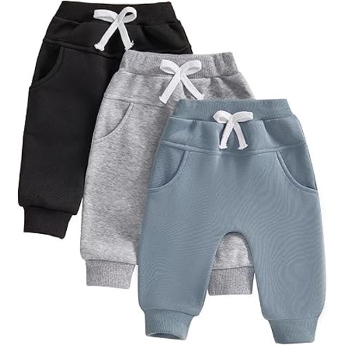 Toddler Baby Boys Girls Sweatpants 3 Pack Solid Color Elastic Waist Bottom Pants Newborn Infant Trousers