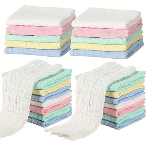 Chumia 20 Packs Muslin Baby Burp Cloths Set Large 20 x 10 Inch Cotton 6 Layers Burp Cloths Baby Boy Newborn Washcloths Infant Burp Wipe Soft Absorbent Baby Towel for Boys and Girls(Multi Colors)