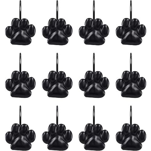 Sunlit Fashion Design Cute Paw Print Polished Shower Curtain Hooks for Dog Cat and Bear, Rust Proof Oil Metal Shower Curtain Rings, Black-12 Pack
