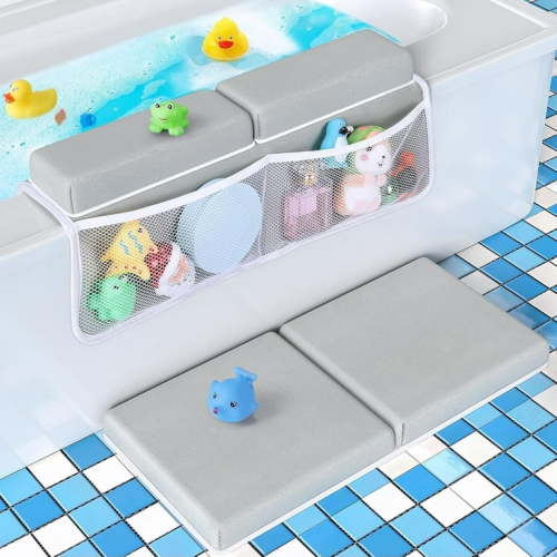 Baby Bath Kneeler and Elbow Rest Pad Set - Gray Green - 1.5 inch Extra Thick Baby Bathtub Kneeling Pad and Removable Elbow Pad,with Baby Bath Toys and Organizer Pockets - Easy to Clean