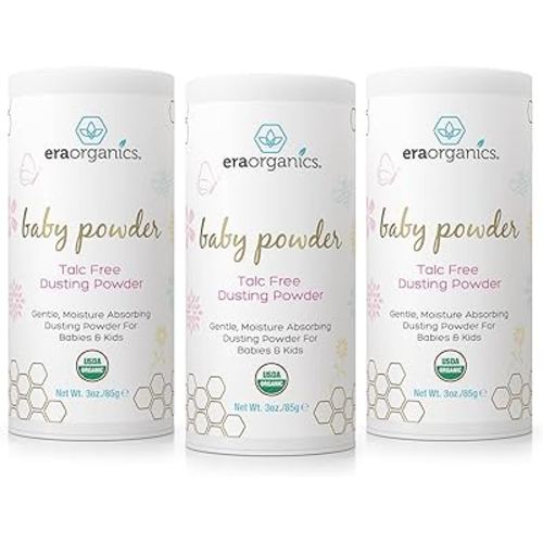 Era Organics Talc-Free Organic Baby Powder - USDA Organic Dusting Powder with Arrowroot, Calendula and Cornstarch for Newborns, Babies or Toddlers - Soothing, Fragrance Free (3oz/85g) - 3 Pack