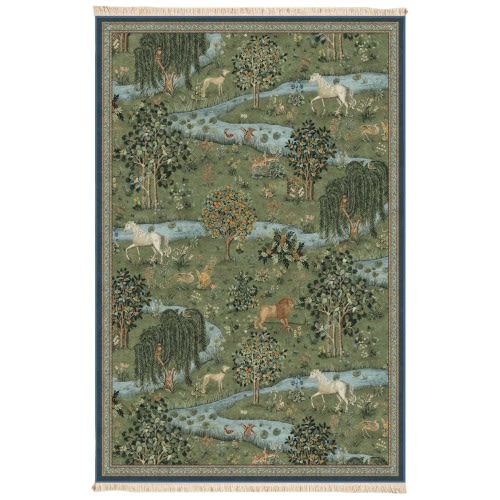 Medieval Garden Tapestry Rug with Horses and Lions Pastoral Forest Scene Washable Eco Cotton Custom Size Vintage Storybook Carpet 308