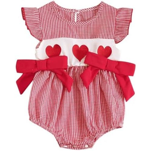My First Valentines Day Baby Girl Outfit Infant Plaid Bubble Romper Heart Embroidery Jumpsuit Cute Spring Clothes