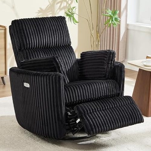 Power Recliner Nursery Swivel Rocking Glider Chair,Upholstered Adult Recliner Nursing Rocker Chair with USB Port with 2 Pillows for Nursery Living Room Bedroom(Black Corduroy,Power-Driven)