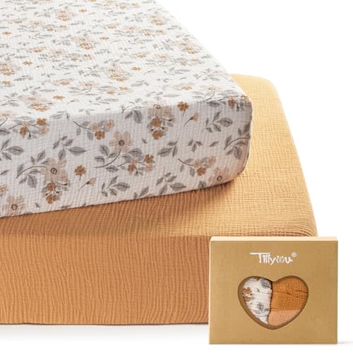 TILLYOU 2 Pack Muslin Crib Sheets for Boys and Girls, 100% Cotton Fitted Crib Sheet for Toddler 52"x28" Standard Crib Mattress, Yellow Flower