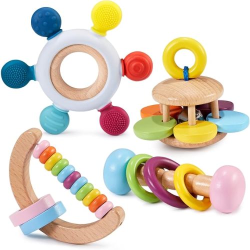 4 Pcs Montessori Toys for Babies Wooden Baby Toy for Babies 18+ Months Wooden Rattle Baby Teething Toys Silicone Rudder with Beech Wooden Ring