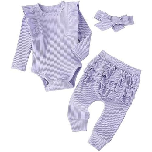Fullfamous Baby Girl's 3pc Rib Frill Long Sleeve Romper and Pant Set