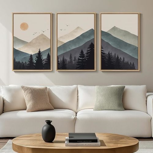 Cuspin Boho Framed Mountain Forest Landscape Wall Art, 3 Piece Bohemian Canvas Prints, Modern Nature Wall Art for Living Room, 3 Count, 16x24 Inch