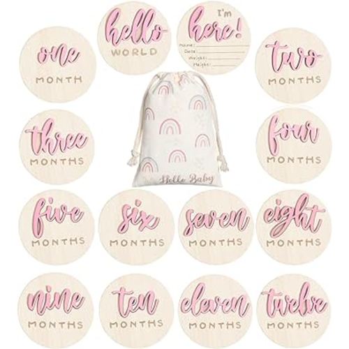 3D Baby Milestone Wooden Circles Hello World Newborn Sign 7 Pack Double Sided Monthly Milestone Cards Sign Baby Announcement Sign for Newborn Shower Photo Props(Pink)