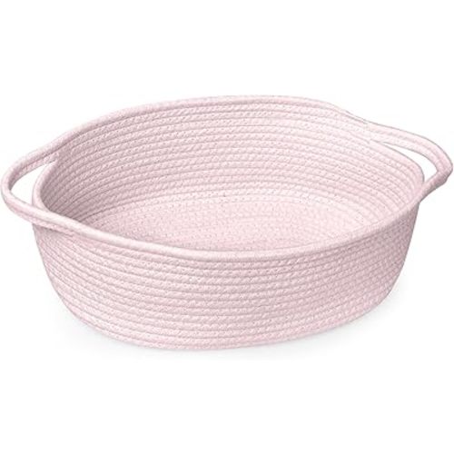 Pink Small Woven Basket, 13” x 9” x 5” Baskets for Gifts Empty, Cotton Rope Gift Basket, Cute Nursery Baby Organizer, Cat Dog Toy Bin Box, Wicker Storage Bin with Handle