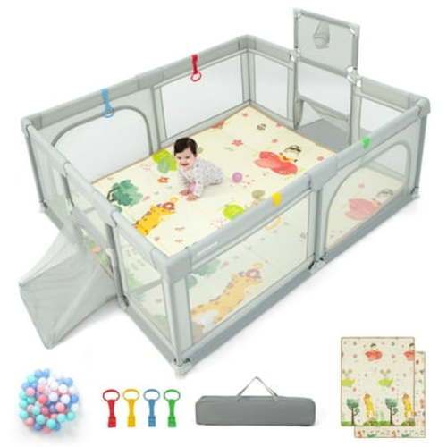 OLAKIDS Baby Playpen, 74” x 62” Extra Large Baby Play Yard with Crawling Mat, 50 Ocean Balls, 4 Pill Up Rings, Basketball Hoop and 2 Football Gates for Toddlers, Indoor Activity Center (Light Gray)